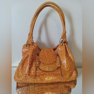 Michael Rome Hobo Leather Orange Crocodile-Embossed Handbag